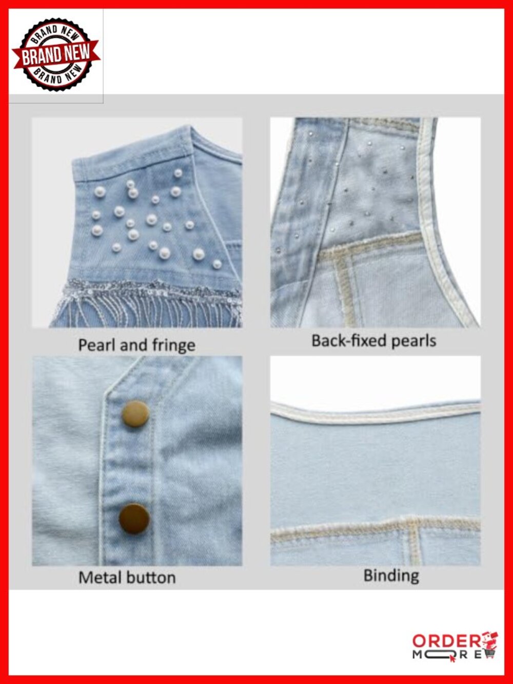 Denim Fringe Vest Top with Pearl & Sequin Details Lightweight Summer Vest - Picture 4 of 6